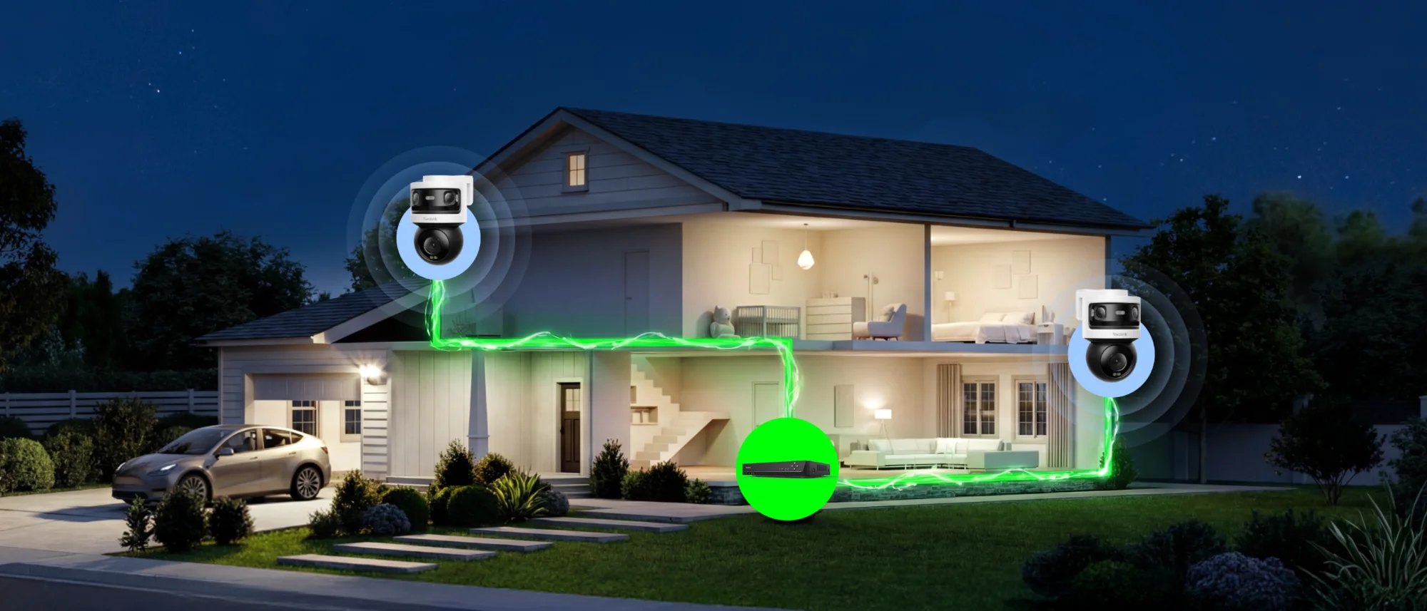 Diagram of a house with PoE cameras wired to a recorder